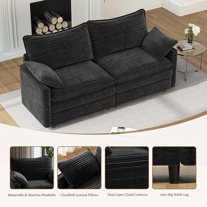 Vesgantti 74" Loveseat Sofa for Living Room, Comfy Cloud Couch Deep Seat Corduroy Modern 2 Seater Small Sofa with Armrest Pillow, Easy Assembly for Small Spaces, Black | Sink-in Comfort, Height Adjustable, Easy Rearrangement, Extra-deep Ottoman, Solid ...