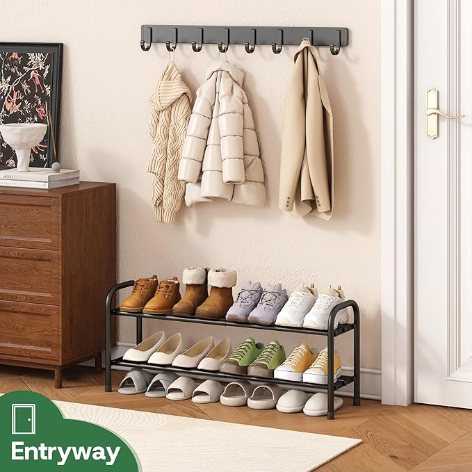 Shoe Rack for Closet, Black 2-Tier Expandable Closet Shoe Rack Metal Organizer, Heavy Duty Shoe Storage Shelf for Entryway, Doorway, Narrow Space
