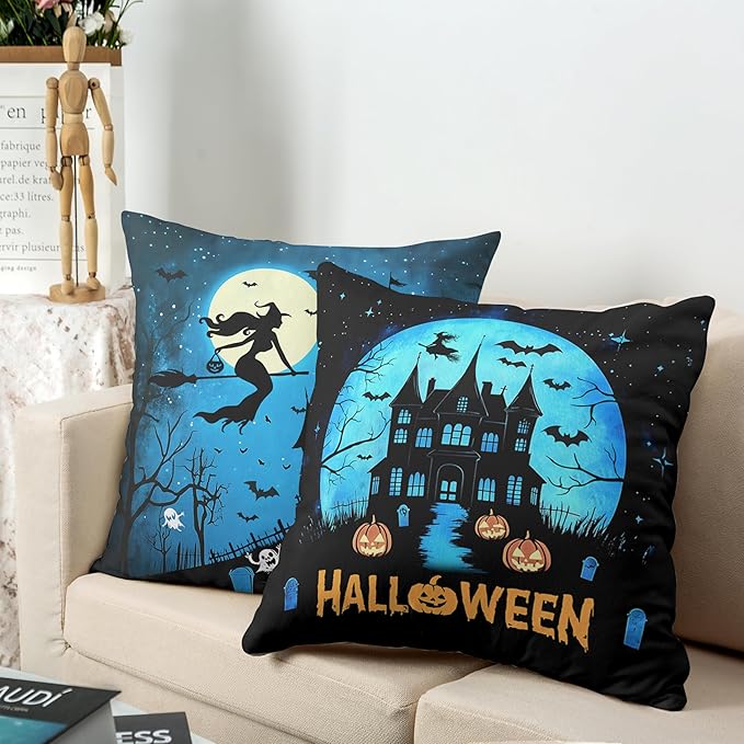 Halloween Pillow Covers 24x24 Set of 2 Witch Castle Throw Pillow Covers Horror Full Moon Night Pillow Case Bat Ghost Pumpkin Cushion Case for Holiday Party Home Decor Couch Sofa