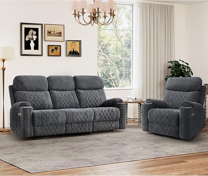 HAOMARKETS 2-Piece Electric Recliner Sofa Set with Charging Port, Include Single Power Reclining Chair and 3-Seater Reclining Sofa for Living Room, Dark Grey