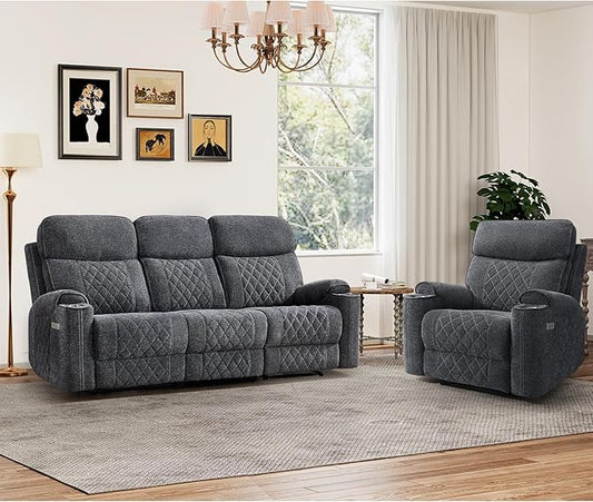 HAOMARKETS 2-Piece Electric Recliner Sofa Set with Charging Port, Include Single Power Reclining Chair and 3-Seater Reclining Sofa for Living Room, Dark Grey