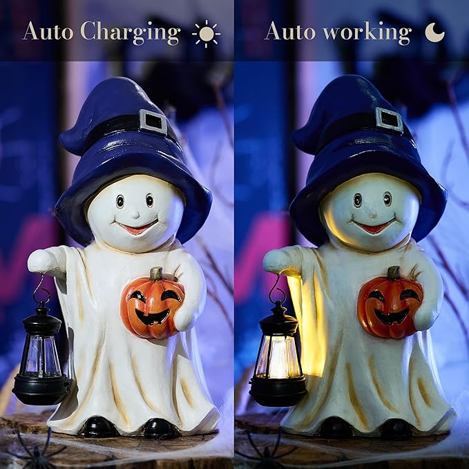 TERESA'S COLLECTIONS Halloween Decorations, Ghost Decor, Medium Ghost with Solar Light, Waterproof Resin Halloween Decor, Party Gifts Indoor/Outdoor