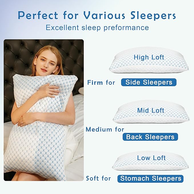 Premium Adjustable Shredded Memory Foam Pillow - Suitable for Side, Back, and Stomach Sleepers, with Cooling Fiber Machine Washable Cover (King（1 Count）)