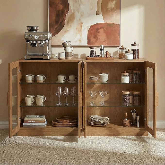 Casaphoria Adam Sideboard Buffet Cabinet with Storage, Display Cabinet with Glass Doors & Adjustable Shelves, 62" W x 31" H Buffet Cabinet for Entryway Kitchen Living Room, Oak