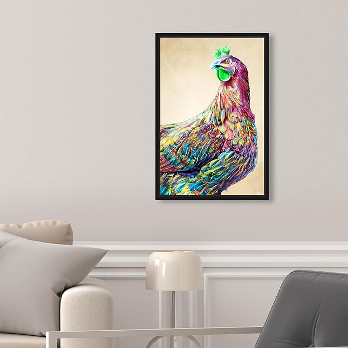 Country Farmhouse Canvas Print Painting Animal Wall Art 'Fun Colorful Glam Rooster' Black Framed Canvas Rustic Home Décor 10x15 in Pink, Green by Oliver Gal