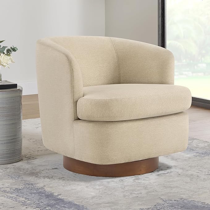 Swivel Accent Chair, Barrel Armchair with Upholstered Performance Fabric and Wood Base for Bedroom Waiting Living Room, 1 PC, Oatmeal
