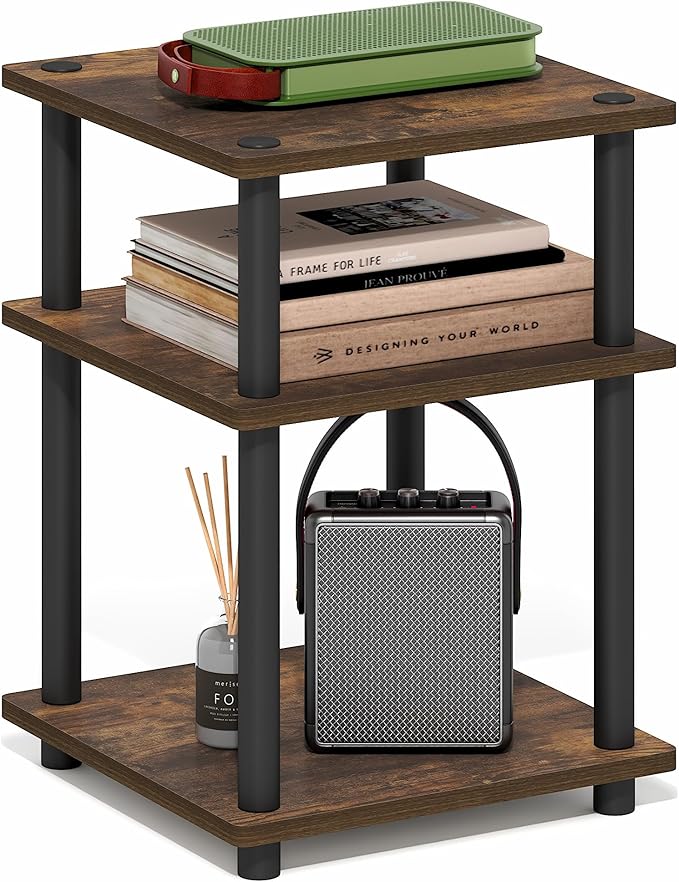 Furinno Turn-N-Tube Side Table, 3-Tier Square Modern End Table, Toolless Open Shelves Nightstand, Night Stand, Bedside Table, Easy Assembly, for Living Room, Bedroom, Amber Pine
