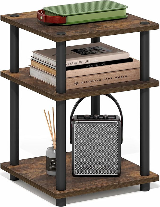 Furinno Turn-N-Tube Side Table, 3-Tier Square Modern End Table, Toolless Open Shelves Nightstand, Night Stand, Bedside Table, Easy Assembly, for Living Room, Bedroom, Amber Pine