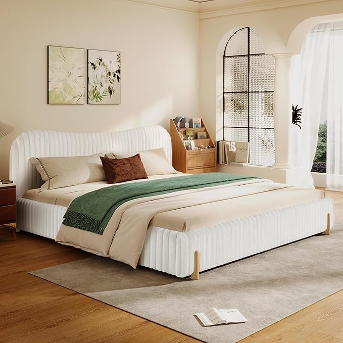 Merax Sleek Boucle Upholstered Bed with Wavy Headboard & Vertical Stitching,King,White