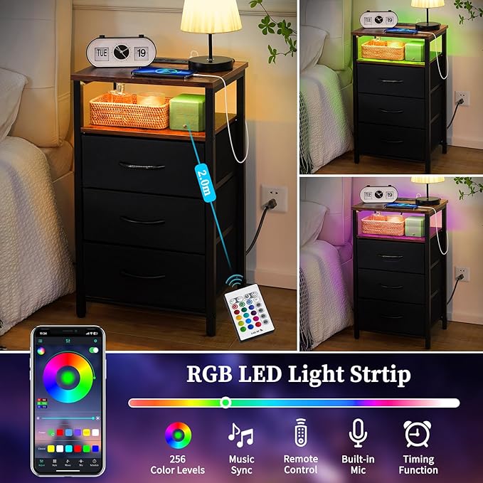 Yoobure Night Stand with Charging Station, 3 Fabric Drawers Nightstand, Bedside Tables with Storage Shelf, End Table with 16 Colors LED, Small Dresser for Small Space