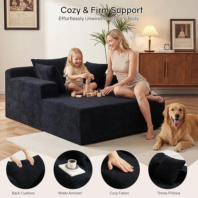 66" Chaise Lounge Chair Indoor, Oversized Boneless Lounge Chair with 3 Pillows, Chenille Cloud Reading Chair for Living Room Bedroom, Deep Seat Sleeper Couch, No Assembly Required