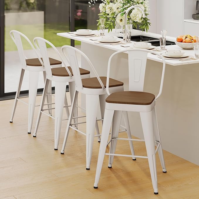 Andeworld Metal Bar Stools Set of 4, 26 inch Counter Height Barstools with Backs Farmhouse Modern High Back Bar Stools with Larger Seat Kitchen Dining Bar Chairs,Off White