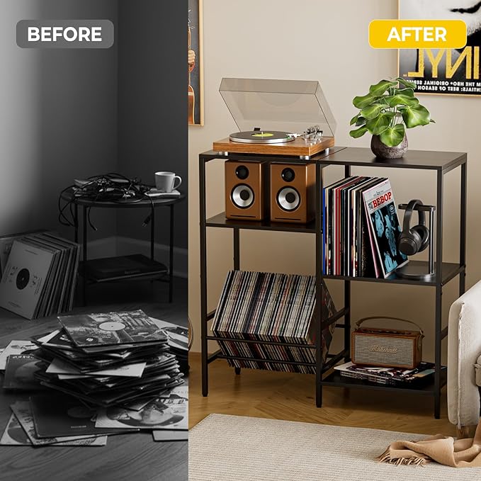 Record Player Stand with LED Light, Turntable Stand with Vinyl Storage - Up to 300+ Albums, 3-Tier Record Player Table Cabinet, Adjustable Shelf & V-Shaped Holder, Vinyl Display Shelf for Living Room