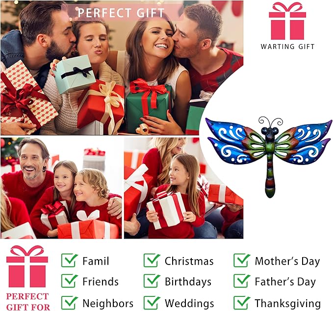 WAIU Solar LED Dragonfly Metal Wall Art, Outdoor Waterproof Garden Lights for Yard Fence Patio Outside Decor