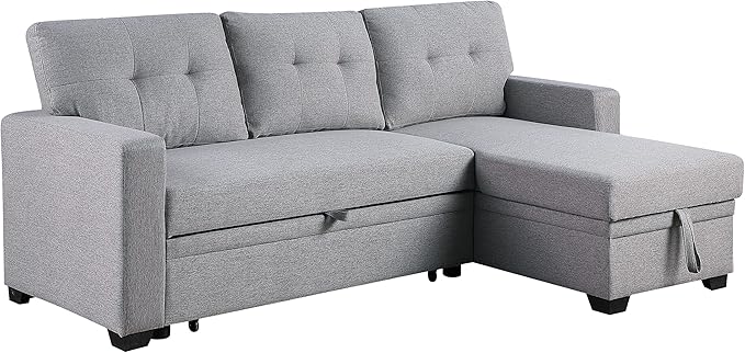 ERYE 82-Inch L-Shaped Pull Out Sleeper Couch Bed, Modern Reversible Sleeper Sectional Sofa Linen Blend Tufted Upholstered Corner Convertible Sofa Bed with Storage Chaise