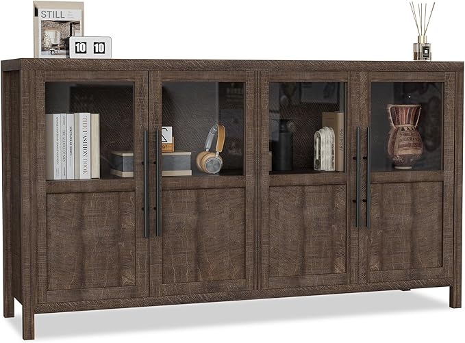 GarveeHome Sideboard Buffet Cabinet with 4 Glass Doors, 55 in Buffet Table Coffee Bar Wine Bar Display Cabinet for Kitchen Dining Room, Living Room (Glass with 4 Doors, Brown)