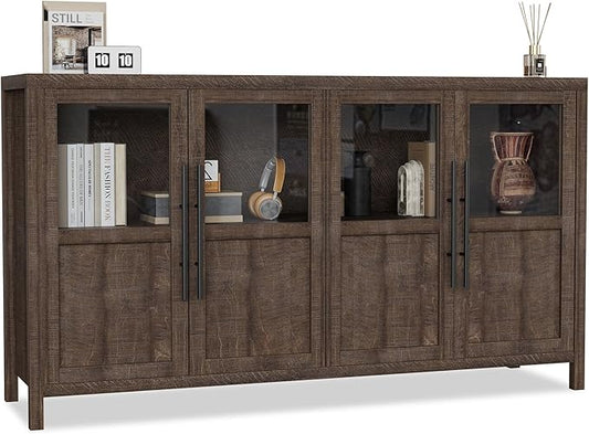 GarveeHome Sideboard Buffet Cabinet with 4 Glass Doors, 55 in Buffet Table Coffee Bar Wine Bar Display Cabinet for Kitchen Dining Room, Living Room (Glass with 4 Doors, Brown)