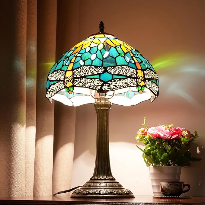 Tiffany Lamp Green Dragonfly Style Stained Glass Lamps Teal Bedroom Bedside Table Lamp for Dorm Office Art Craft Antique Decor Accent Aesthetic Nightstand Retro Metal Reading Lamps 12 inch