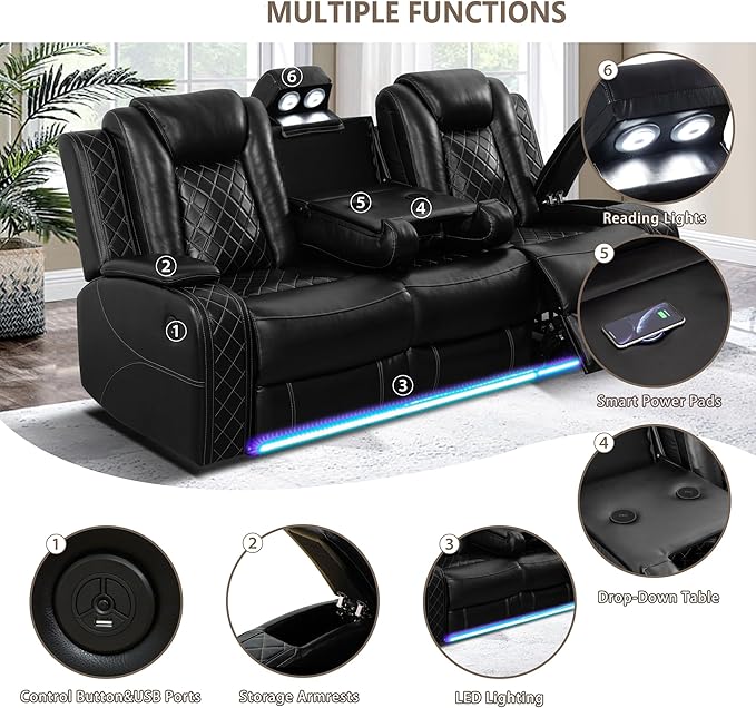 Breathing Leather Power Reclining Sofa, Living Room Furniture with 2 Recliners, 3 Seater Leather Couch with Flip-Down Table/USB Charging for Office/Home Theater (Black, 3-Seat Sofa)