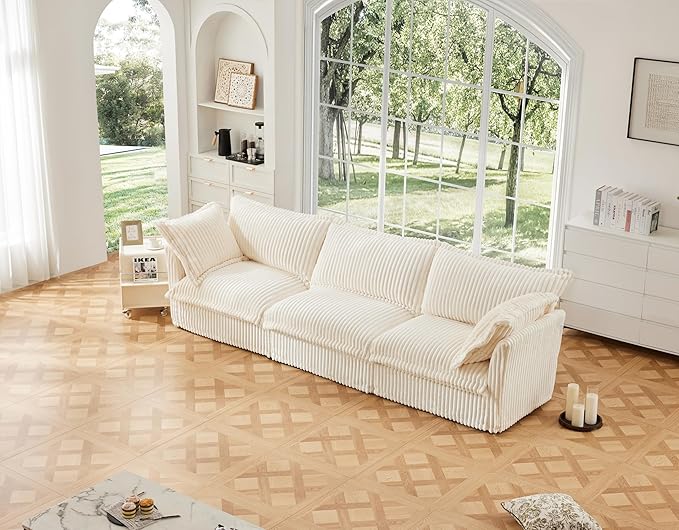 KEIKI 120" Corduroy Sectional Sofa with Big Pillows, White 3 Seat Sleeper Cloud Couch Set, Comfy Upholstered Modular SofaBed for Apartment Living Room, Cream