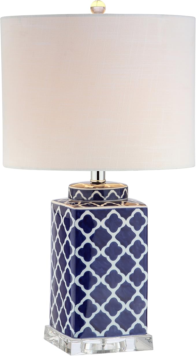 JONATHAN Y 23" Blue/White Chinoiserie Ceramic LED Table Lamp, Hand-Painted Trellis Ginger Jar Design for Living Room Bedroom, White Linen Drum Shade, LED Bulb Included JYL3011A