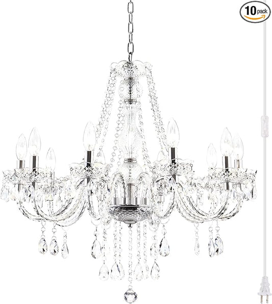 PAPAYA Plug in Crystal Chandeliers Clear Chandelier 25 * 27.5in 10-Light Modern Pendant Ceiling Lighting Fixture with Acrylic Crystals & Beads for Girls Room,Living Room,Kitchen Island,Entryway.