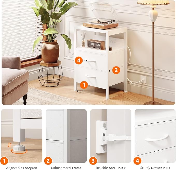 NightStand Bedside Charging Table Bedroom - Night Stand with Charger Station, White Modern Bed Side End Table with Open Shelf & 2 Fabric Drawers, USB-C Port & AC Outlets for Dorm, Living Room