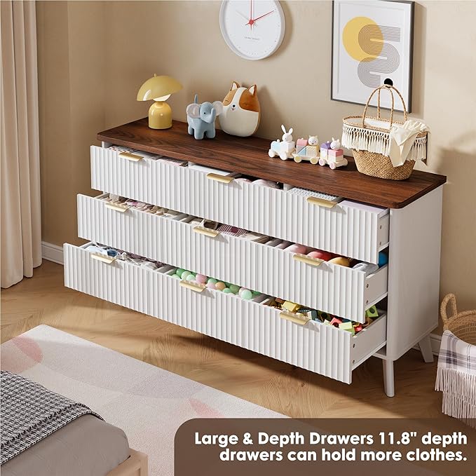 Garvee 9 Drawers Dresser for Bedroom, 60.6" Wide Dressers with Curved Profile Design, Fluted Wood Drawers with Gold Handle, Modern Chest of Dressers with Thickened Design for Living Room, White