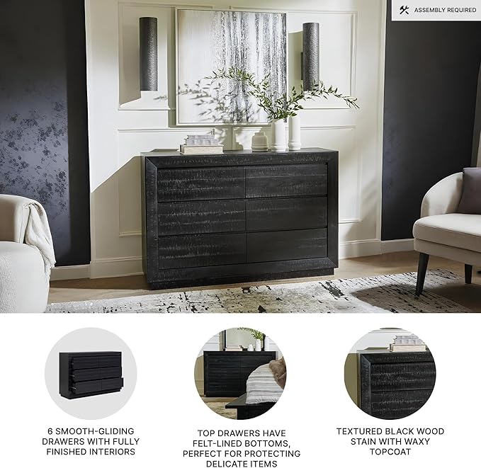 Signature Design by Ashley Londer Casual 6-Drawer Dresser with Safety Stop and Felt Lined, Black