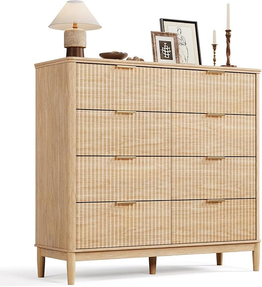 LINSY Fluted Dresser for Bedroom with 8 Drawers, Mid Century Modern Chest of Drawers with Gold Metal Handles, Wide Boho Wood Dressers, Large Farmhouse Storage Cabinet for Bedroom, Living Room, Oak