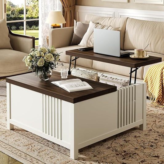 Farmhouse Lift Top Coffee Table with Storage, 35" Square Large Coffee Table with Hidden Compartment, Rustic Wood Center Table for Living Room, White