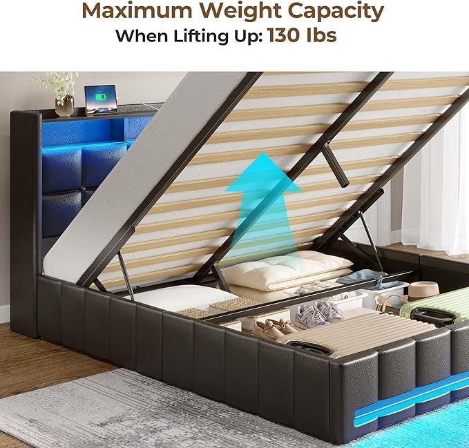 Rolanstar Bed Frame Queen Size with Lift Up Storage, Charging Station & LED Lights, Upholstered Storage Headboard, Heavy Duty Wooden Slats, No Box Spring Needed, Noise Free, Easy Assembly, Black