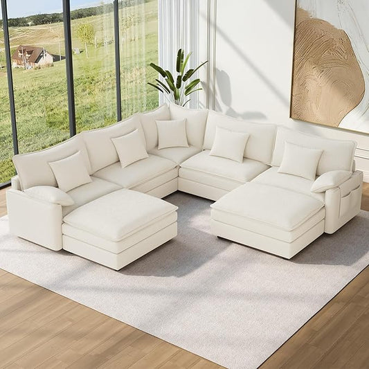 Vesgantti 101" V-Shaped Corner Couch Sectional, 7 Seat Customizable Modular Cloud Couches with Movable Ottoman, Chenille Deep Seat Sofa Set with Chaise for Living Room, Bedroom and Apartment, White | Sink-in Comfort, Height Adjustable, Easy Rearrangeme...