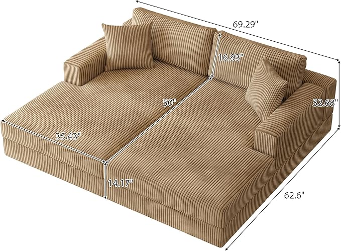 69-inch Oversized Chaise Recliner Lounge Deep Seat Upholstered Sleeper Daybed with 4 Pillows,Soft Corduroy Loveseat Double Chaise Sofa Couch Extra Wide Sleeper Chair Sofabed for Living Room Bedroom
