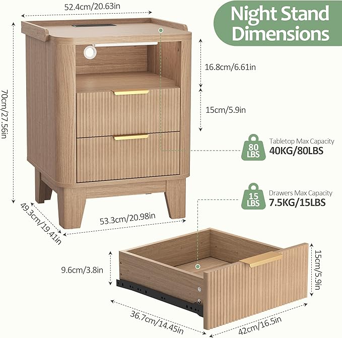 Night Stand with Charging Station, Fluted NightStand with LED Light and 2 Drawers, Wood Bedside Table with Open Storage, Modern