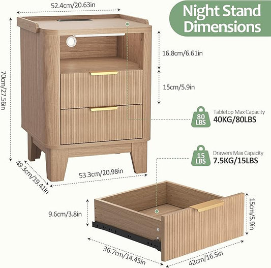 Night Stand with Charging Station, Fluted NightStand with LED Light and 2 Drawers, Wood Bedside Table with Open Storage, Modern