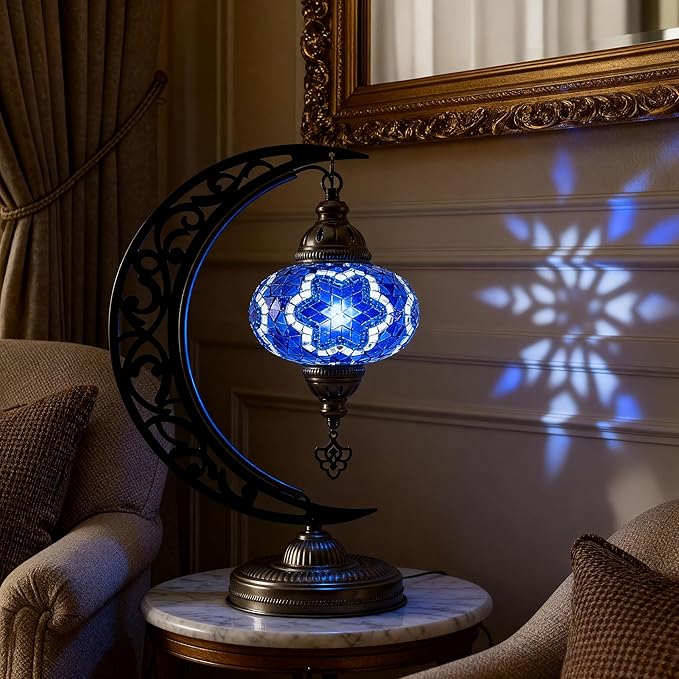 Mozaist Moroccan Mosaic Crescent Shape Table Lamp, Turkish Moon Tiffany Style Handmade Desk Dim Light, Farmhouse Living Room Luna Lighting, Unique Turkish Gift with E12 Socket & US Plug (Sea Blue)