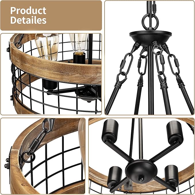 4-Light Rustic Chandelier for Entryway, Round Farmhouse Light Fixtures for Dining Room, Industrial Drum Hanging Pendant Lighting for Kitchen Island, Nature Wood Texture and Black Metal Finish