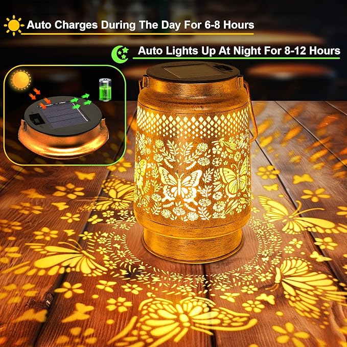 2 Pack Solar Lanterns Outdoor Butterfly Garden Decor, Gifts for Women Mom Grandma Birthday, Waterproof Metal Hanging Solar Lights LED Decoration with Shepherd Hook Outside for Yard Patio Lawn Porch