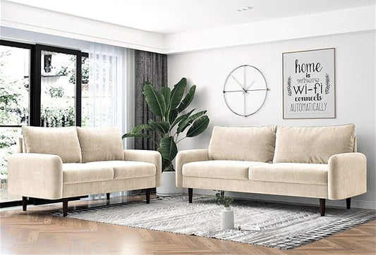 Container Furniture Direct Americus Velvet Upholstered Sofa and Loveseat Set, Couches for Living Room with Luxurious Mid Century Modern Design and Wooden Base, 2 Piece, Beige