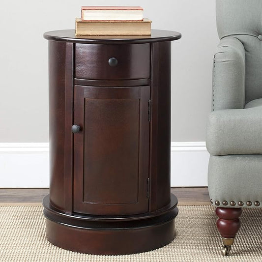 SAFAVIEH Home Collection – Tabitha Dark Cherry Round Swivel Storage End Table, Farmhouse Accent Table with Drawer & Cabinet, Fully Assembled (AMH5712D)
