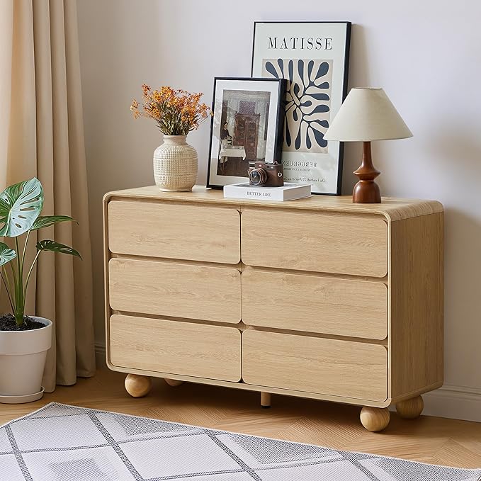 AVZEAR 6 Drawer Dresser for Bedroom, 48" Modern Wooden Dresser Chest of Drawers, Curved Profile Design, Closet Clothes Storage Organizer for Kids Bedroom, Living Room, Nursery, Natural Color