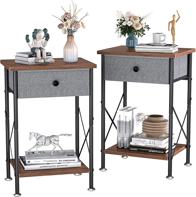 VECELO Modern Versatile Nightstands X-Design Side End Table Night Stand Storage Shelf with Bin Drawer for Living Room Bedroom, Set of 2 (Brown)