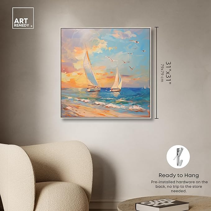Art Remedy Sailboats In The Sunset Chic Coastal Canvas Wall Art, Silver Floater Frame, 30"x30"