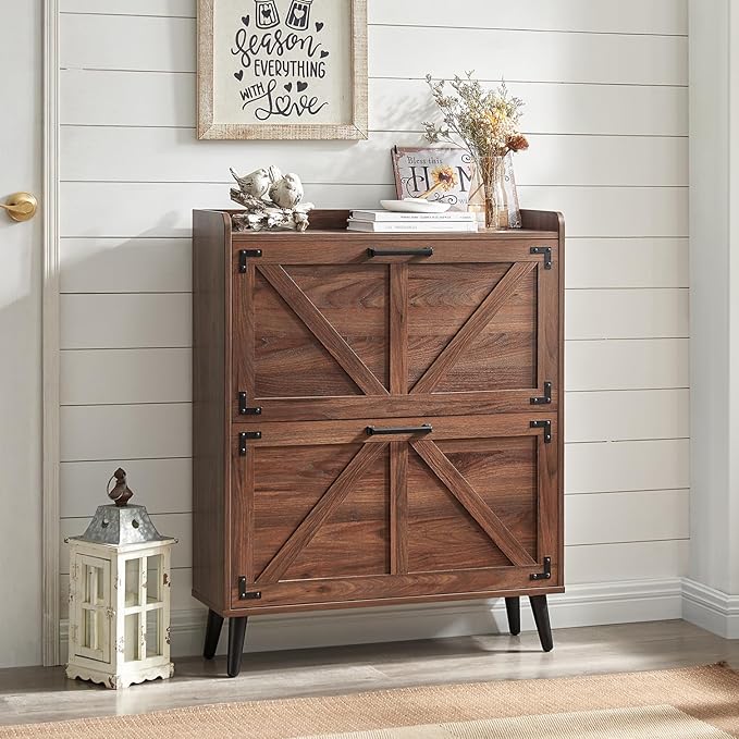 Shoe Storage Cabinet with 2 Flip Drawers, Farmhouse Hidden Shoe Organizer, Narrow Slim Shoe Rack Cabinet for Entryway Hallway,Walnut