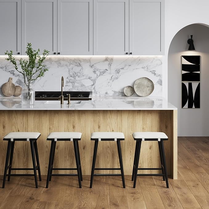 Nathan James Barker Counter Height Wood Barstool with Upholstered Cushion, Backless Island Stool for Kitchen, Black/White, Set of 4