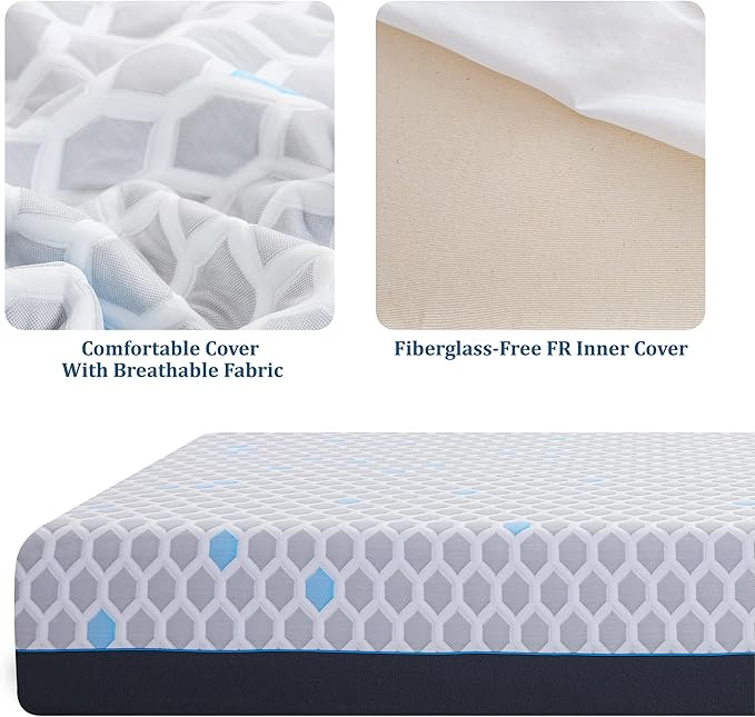 EGOHOME 10 Inch Full Mattress, Charcoal Gel Cooling Memory Foam Mattress in a Box, Medium Fiberglass Free Mattresses, CertiPUR-US Certified, Hexagonal Pattern