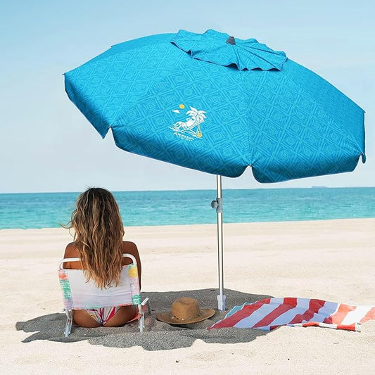 AMMSUN 7ft Heavy Duty High Wind Beach Umbrella with Sand Anchor & Tilt Sun Shelter UV 50+ Protection Outdoor Sunshade Umbrellas Carry Bag for Patio Garden Pool Backyard Teal