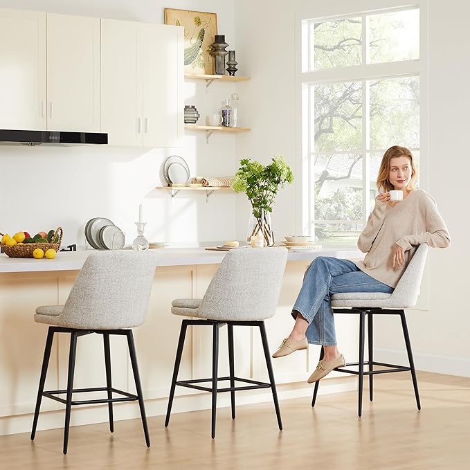 CHITA Swivel Bar Stools, 27.2" Counter Height Bar Stools Set of 3, FSC Certified Upholstered Modern Counter Stools, Metal Legs, Fabric, Light Grey (Multi-Colored)