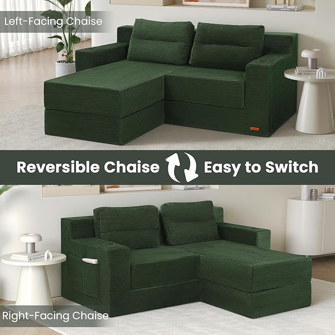 COMAX Futon Sofa Bed, Boneless Loveseat Couch in A Box, 67" L-Shaped Convertible Sofa Bed Corduroy for Living Room, Fold Out Small Foldable Loveseat Foam with Movable Ottoman, Floor Sleeper, Green